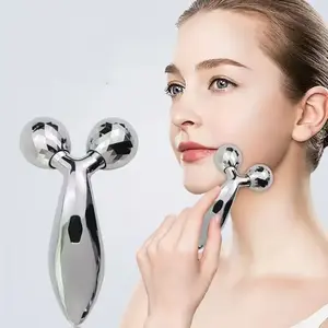 3D Manual Roller Massager Set, Y-Shaped Round Design, Full Body Relaxation Tool, Facial Neck Massage, Silver Color Beauty Skincare
