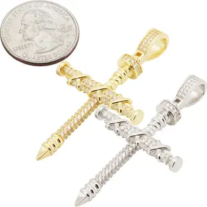 925 Sterling Silver 14k Gold Vermeil AAA Cubic Zirconia Nail Cross Pendant