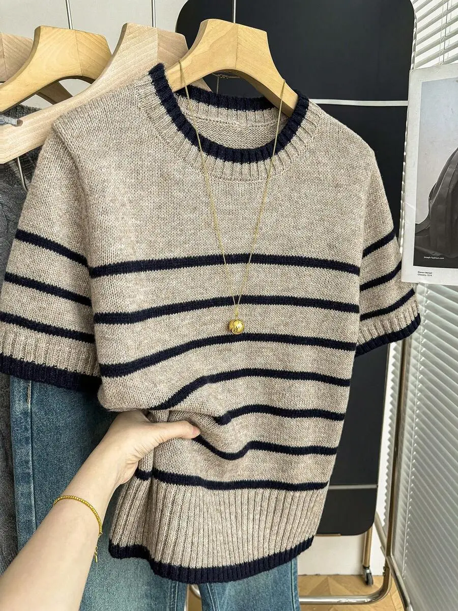 Navy Blue Autumn Casual Brunch Striped Contrast Color Women Knit Top,Korean Style Spring/Summer Loose Personalized Jumper Sweater For Woman