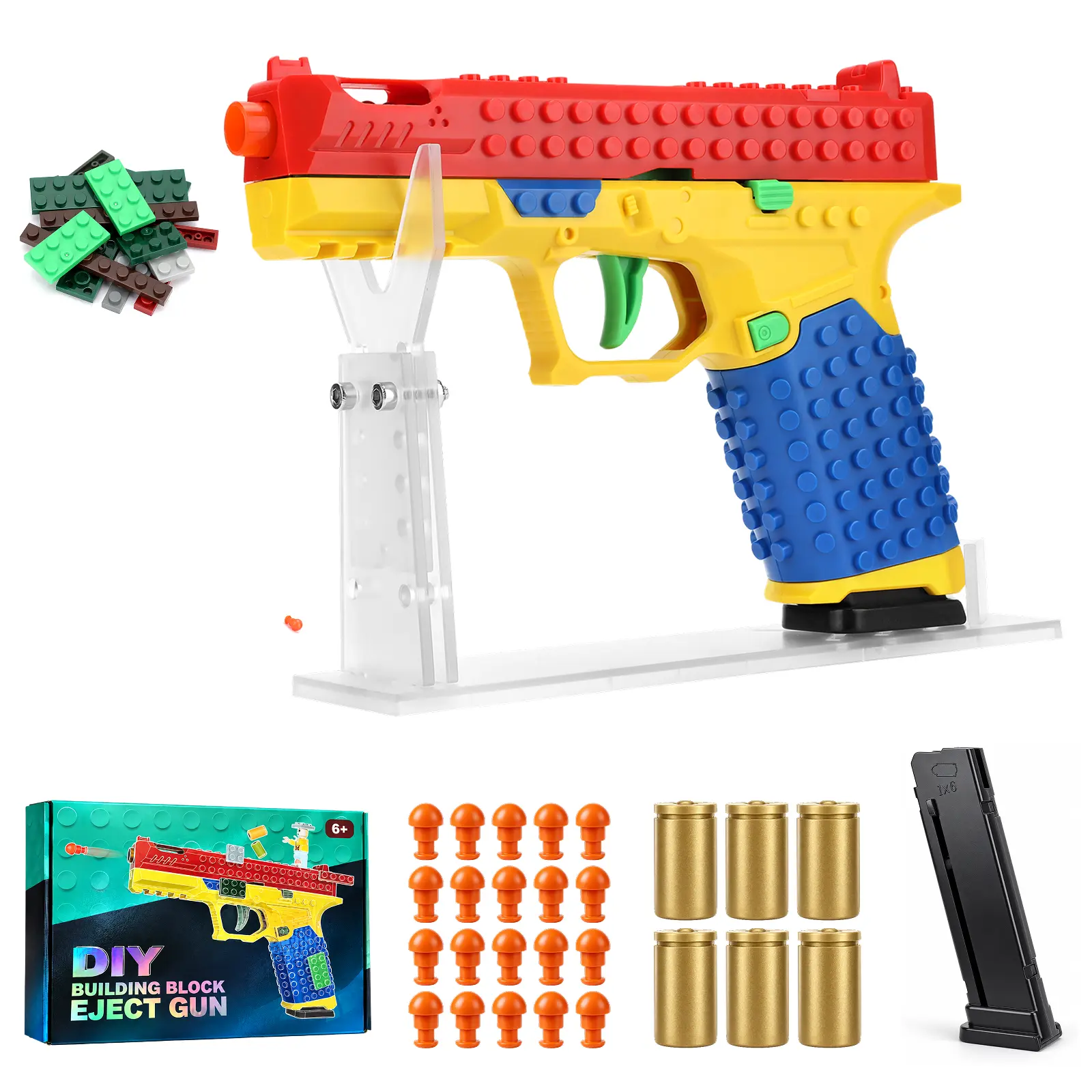 SIG17 Creative DIY Unisex Foam Dart Blaster Building Set - Ages 6+, Assembleable Brick Pieces, Assembly Skill Boost, Rapid-Fire Trigger, Shell Ejector, Display Stand, Mini Block Figure, 20 Soft Darts for Outdoor Team Battle, Kids Gift