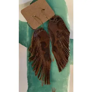 Genuine Leather Feather Earrings-Dark Stamped