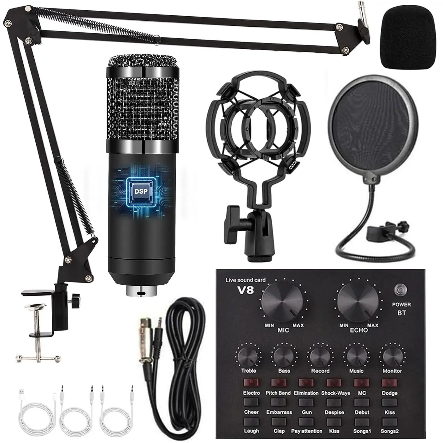 Professional Wireless Live Sound Card Equipment, Multifunction BT Connection BM-800 Microphone Set for Mobile Phone, Computer, Notebook, DJ Sound Control Equipment, Adjustable, DJ Mixer Board, Audio Mixer Kit