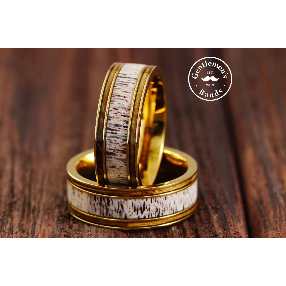 Men's Gold Wedding Band - Modern Comfort Fit with Deer Antler & Whiskey Barrel Wood Inlay, Wedding Promise Ring, Wedding Promise Rings