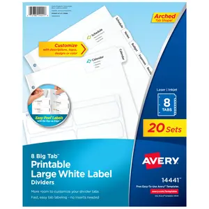 Avery Big Tab Printable Large White Label Dividers for 3 Ring Binders, 8 Tabs per Set, White (20 Sets of 14441)