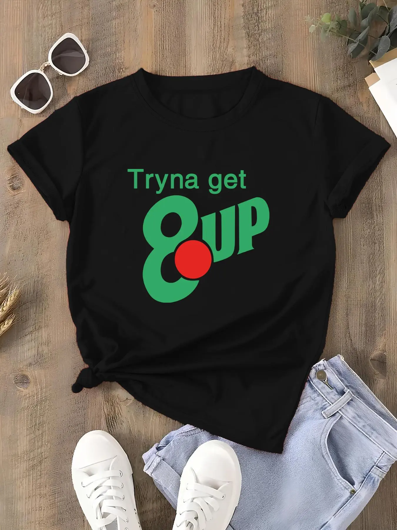 Women's Letter & Figure Print Round Neck Tee, Top, Casual Everyday Tops, Casual Streetwear Short Sleeve Fitted Crew Neck T-shirt for Daily Wear, Ladies Clothes for All Seasons, Womenswear, Fabric, Summer