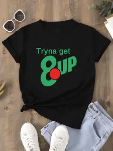 Women's Letter & Figure Print Round Neck Tee, Casual Short Sleeve Fitted Crew Neck T-shirt for Daily Wear, Ladies Clothes for All Seasons