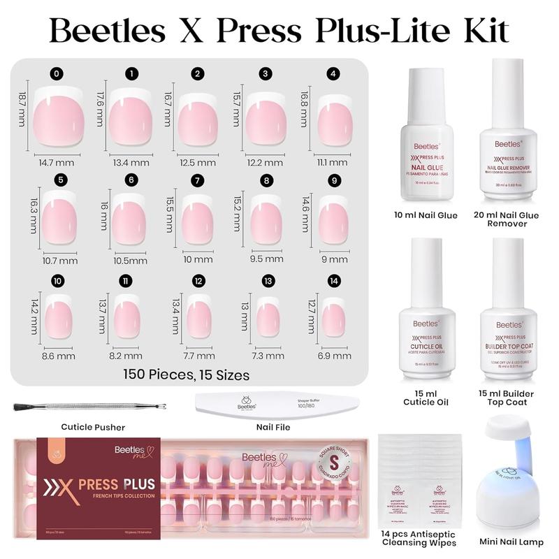 Beetles X Press Plus On Nails Kit - 150Pcs Short Square French Tip Press On Nails with Nail Glue, Remover, Builder Top Coat & Mini Nail Lamp for DIY Fake Nails Gift