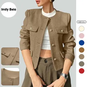 Imily Bela Womens Cropped Tweed Blazer Jackets Collarless Button Down Business Casual Outfits with Pockets