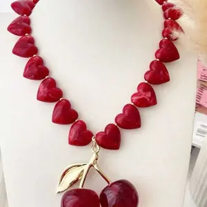 Cherry Collar Necklace with Heart-Shaped Beads and Gold-Tone Cherry Pendant for Women Alanhair23