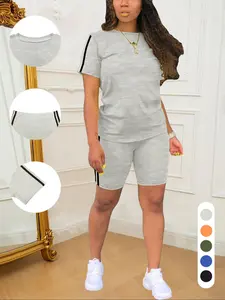 Two-Piece Set Women's Short Sleeve Tee & Shorts, Casual Round Neck T-shirt & Skinny Shorts, Ladies Summer Clothes