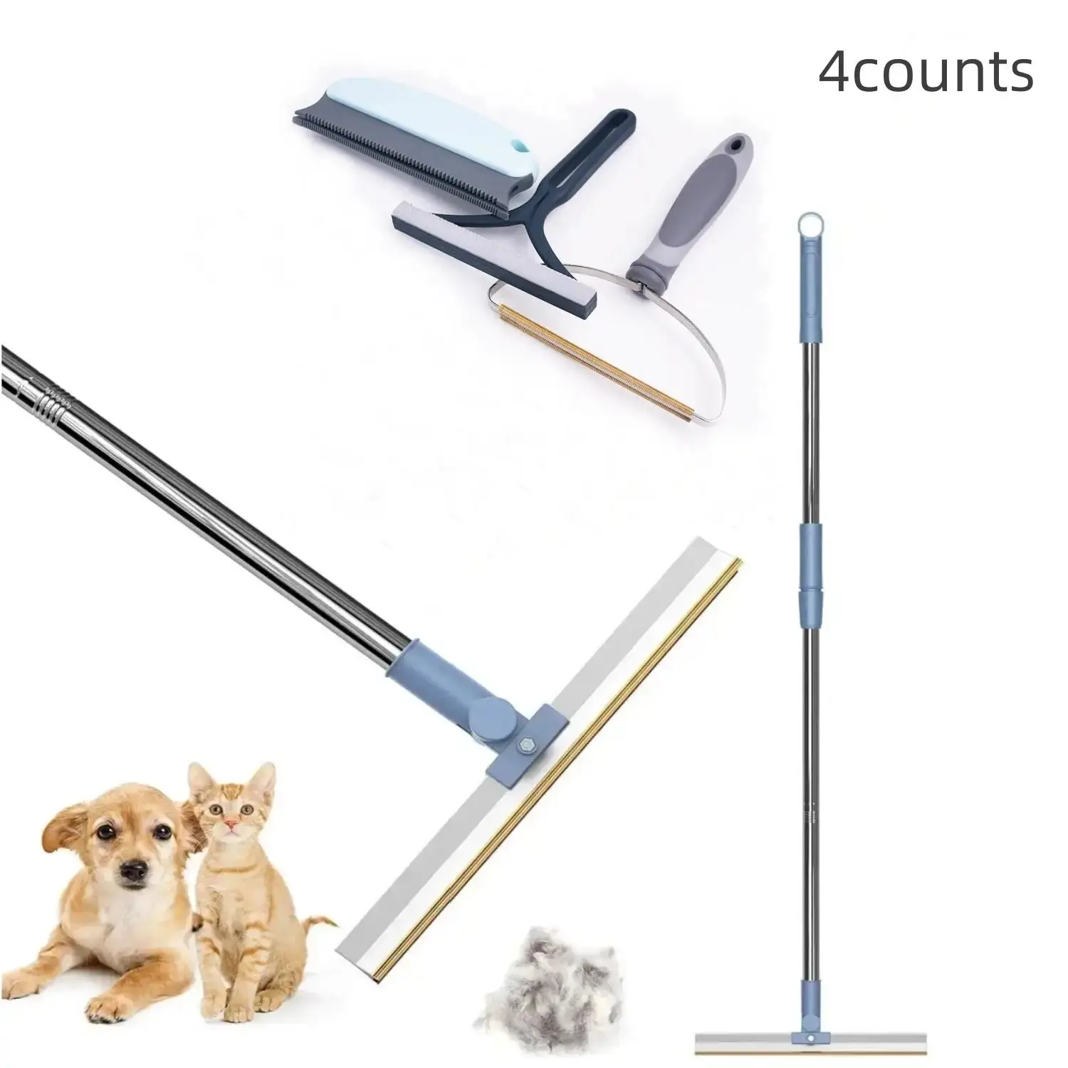 Pet Hair Removal Tools, 4 Counts/set Reusable Pet Hair Removal Brushes, Adjustable Long Handle Pet Hair Grooming Floor Brushes, Household Cleaning Too