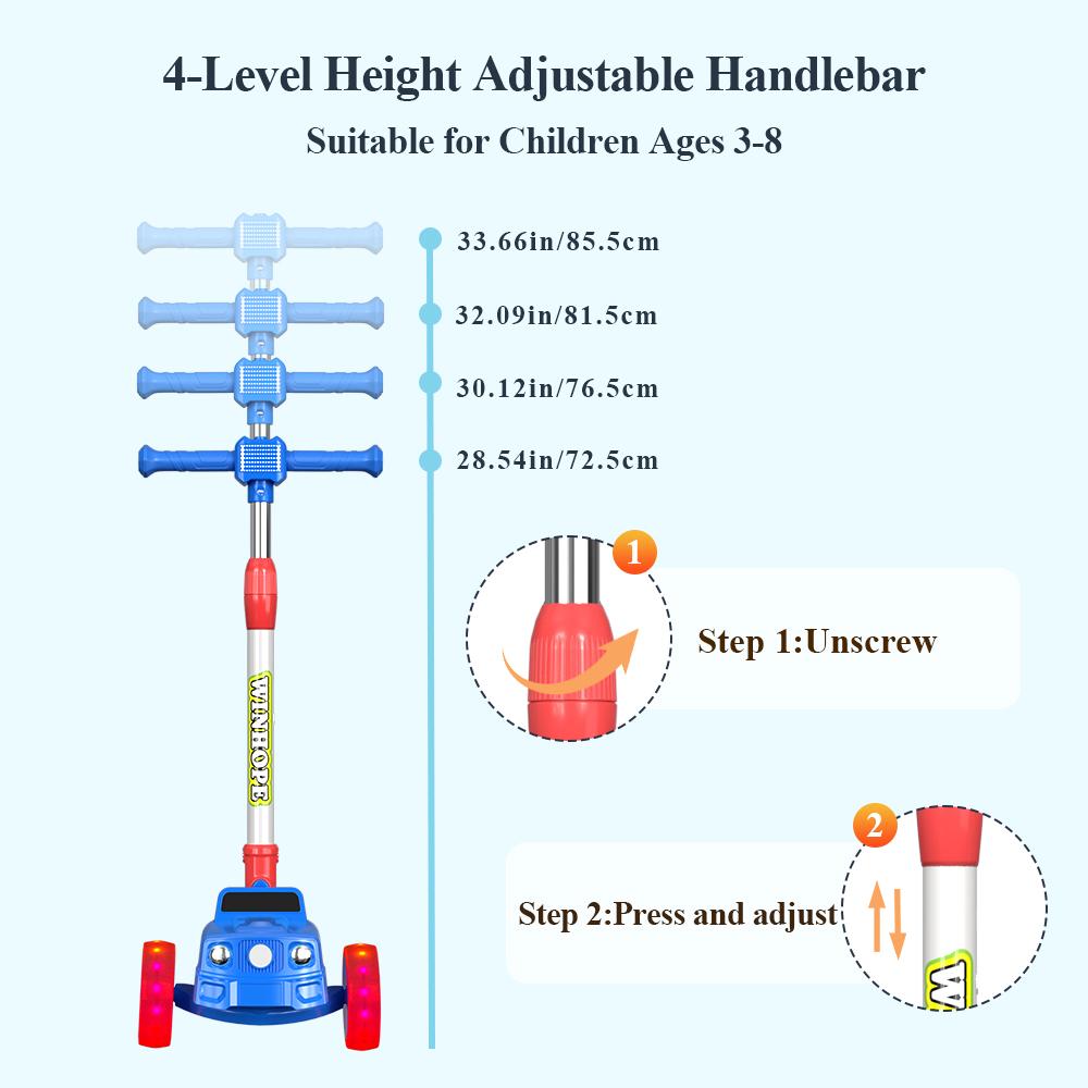 WINHOPE Car-Style Kids Scooter (3-8Y) | 4-Level Adjustable + 3-Second Fold | Colorful Light Wheels！