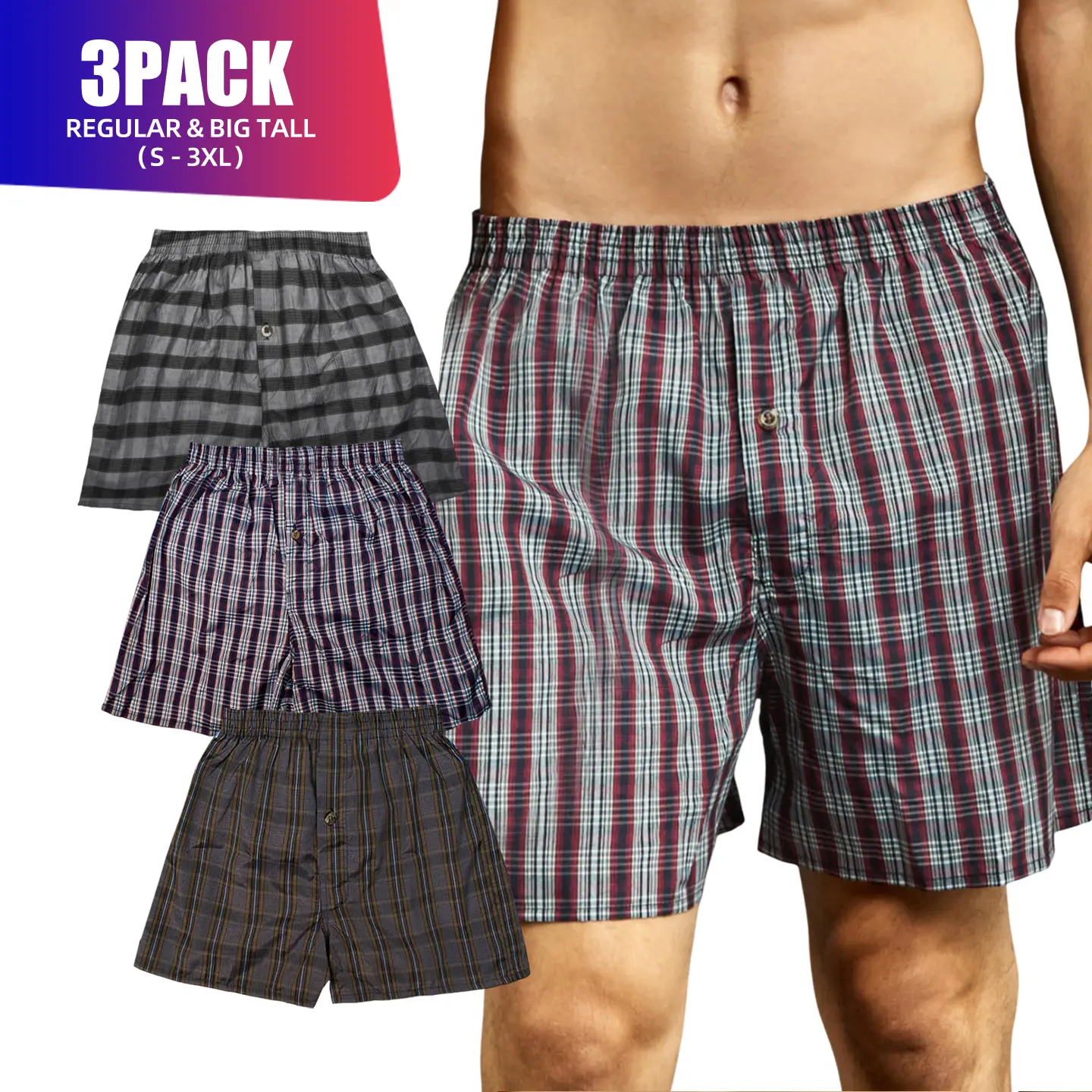 3 Pack Men's Boxer Shorts Random Mixed Color Pack Woven Relaxed Fit Boxers for Men Soft Breathable High quality Underwear with Elastic Waist Menswear