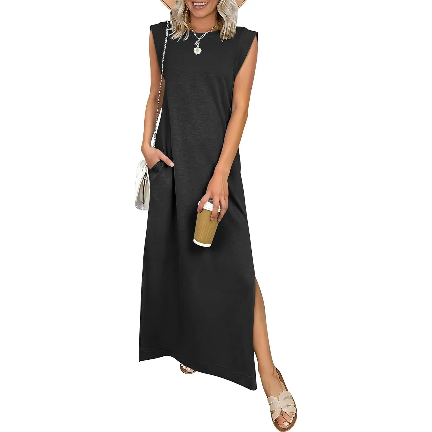 Women Summer Casual Sleeveless Maxi Dress 2026 Crewneck Loose Split Wrinkle-Free Beach Travel Vacation Long SundressGift., Beach Sundresses, Beachwear For Women, Ankle Length, Beach Wear, Multi-Size