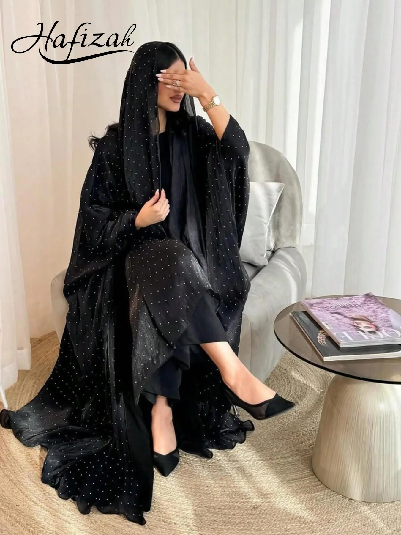Hafizah Rhinestone Headscarf Outer Robe, Glossy Loose Longline Cardigan, Luxury Style Slimming Arab Women's Clothing, All Seasons, Relaxed Cardigan