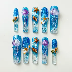 NailLuxe Mermaidcore “Jelly Splash” Aquarium Press-On Nails – Blue Liquid Core Ocean Glow, TikTok Trending DIY Nail Art