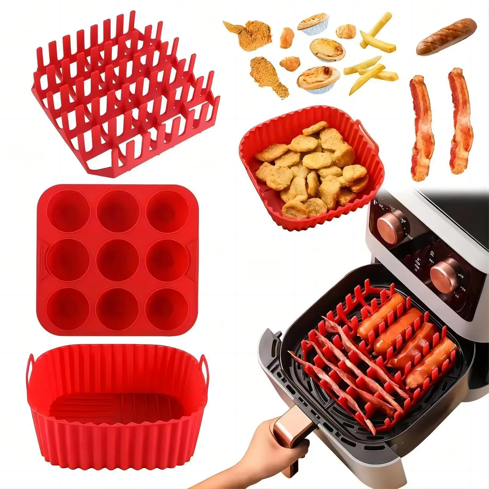 Air Fryer Accessories Set, Including Square Baking Rack, Hot Dog & Bacon Rack, 9-cavity Cake Mold, Kitchen Baking Tools