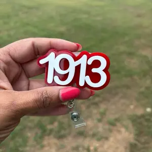 1913 Sorority Badge Reel - Red and White Logo with Clear Retractable Alligator Clip or Belt for Identification