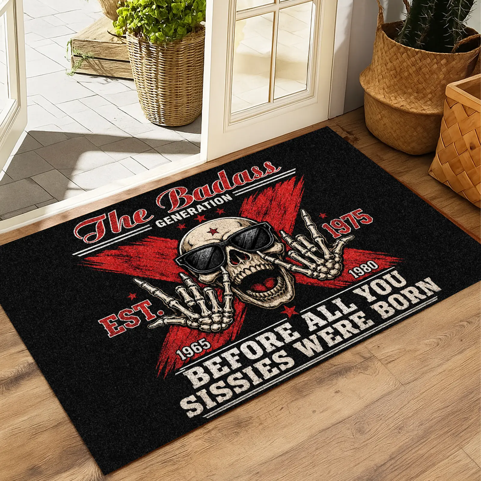 The Badass Generation Doormat Funny Skull Welcome Mat Non Slip Durable Floor Rug for Home Entryway Outdoor Patio Decor Vintage 1965 to 1980 Born Novelty Entrance Mat Washable Low Profile Carpet Birthday Gift for Men Dad Husband Funny Gag Gift Door Mat