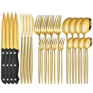 24 Piece Gold Silverware Set for 4, Stainless Steel Flatware Set, Gold Cutlery Set Utensils Set, Tableware Include Forks Knives Spoons for Home Kitchen Restaurant Wedding, Satin Finish