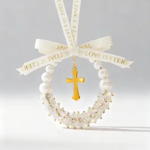 Elegant Car Hanging Ornament for Women – Crystal Rhinestone Cross Design, Stylish Car Interior Mirror Decor with Pearl Beads