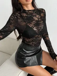 Women's Sexy Single Layer Long Sleeve Thin Lightweight Lace Bodysuit, Women's Sheer Semi-Transparent Top, Slim Fit Lace Underwear, Casual Wear, Womenswear