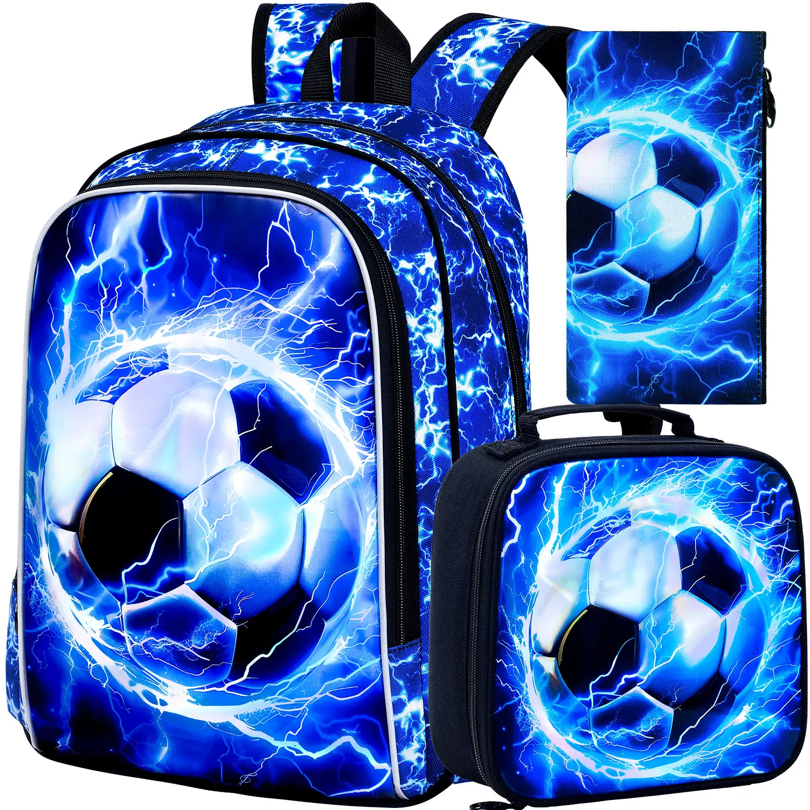 3PCS Boys Soccer Backpack, Kids Lightning Bookbag with Lunch Box, 17" Water Resistant School Bag for Teenagers Elementary Middle