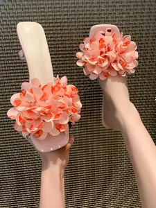 Women's Black & Red 3D Flower Square Toe Kitten Heel Mule Slides, Edgy Romantic Party Chic Style, Comfy Summer Sandals #BlackRedFlowerHeelSlides, #EdgyRomanticChic, #PartyShoes