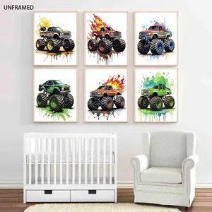6pcs/set Unframed Colorful Monster Trucks, Wall-jumping Prints Watercolor Car Canvas Posters Interior Home Decor Living Room Cafe Nursery