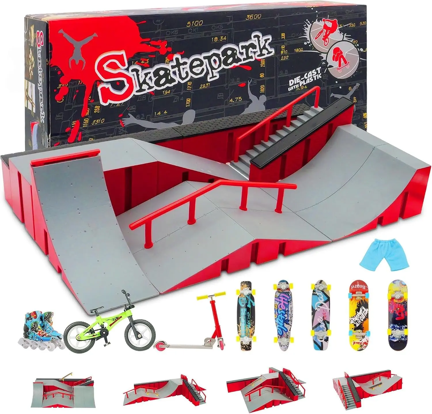 Finger Skateboard Park Kit 9-in-1 with Ramps, 5 Fingerboards, Scooter, Bike, Skate Shoes & Pants - Christmas Birthday Gifts for Kids