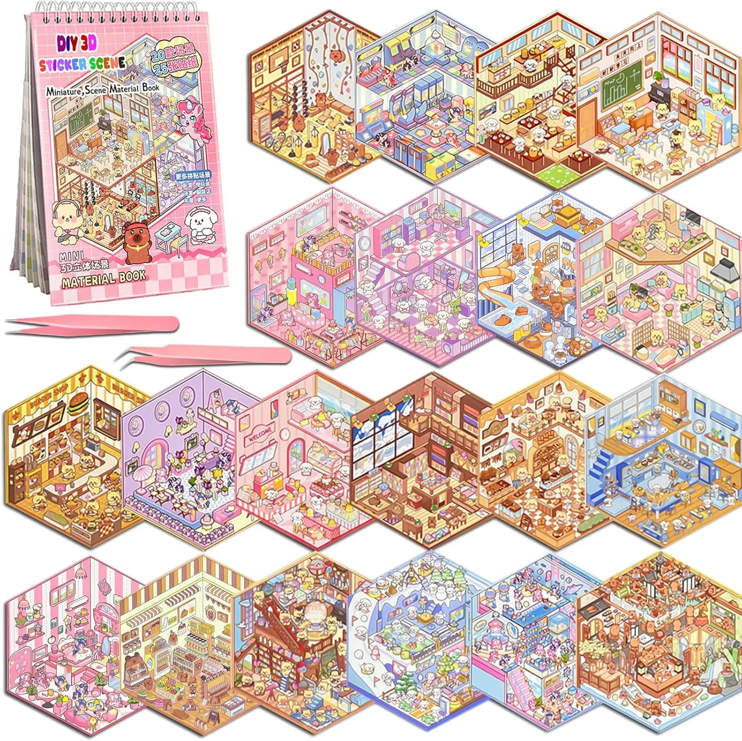 20 Sets DIY 3D Sticker Scene Collection Book for Adults Make Your Own Cozy Room Shop House, Cute Isometric Sticker Books Stickers Therapy for Stress Relief & Relaxing, Fun DIY Craft Art Sticker Gifts