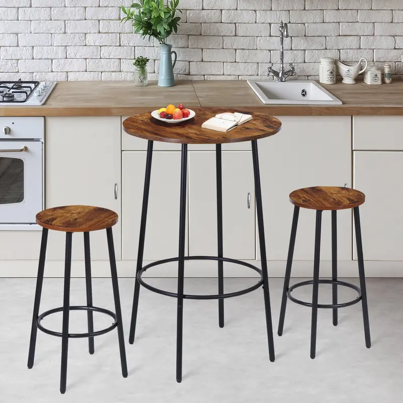 Segawe 3-Piece Modern Bistro Bar Furniture Set - 2 Bar Chairs, 1 Round MDF Table, Black/Rustic Brown, Easy Quick Setup, Compact for Small Spaces, Apartment Furniture, Home Decor, Living Room Use