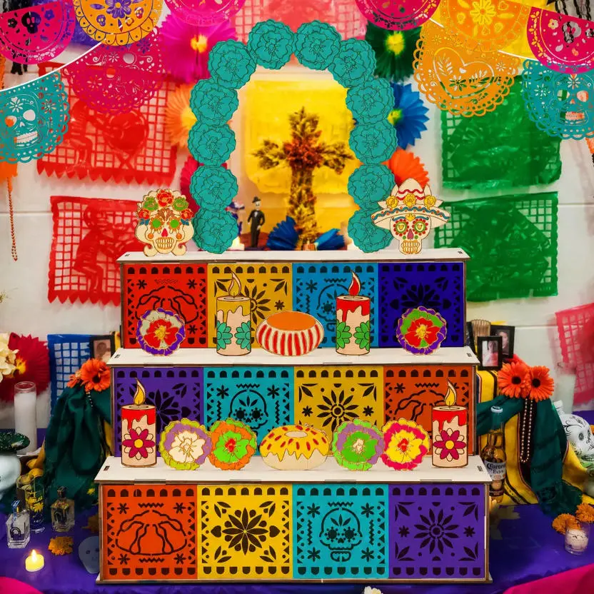 Día de los Muertos 3-Tier Wooden Altar Display Set, Mexican Ofrenda Decor with Sugar Skull, Marigold Flowers, Candles & Papel Picado