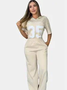Beige "Los Angeles 35" Print Top & Matching Pants Set - Casual Women's Basic Suits for Comfortable Outings
