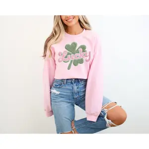 Lucky faux yarn st patricks day sweatshirt Pullover Womenswear Tops Casual Longsleeves sweatshirts Patchwork Soft