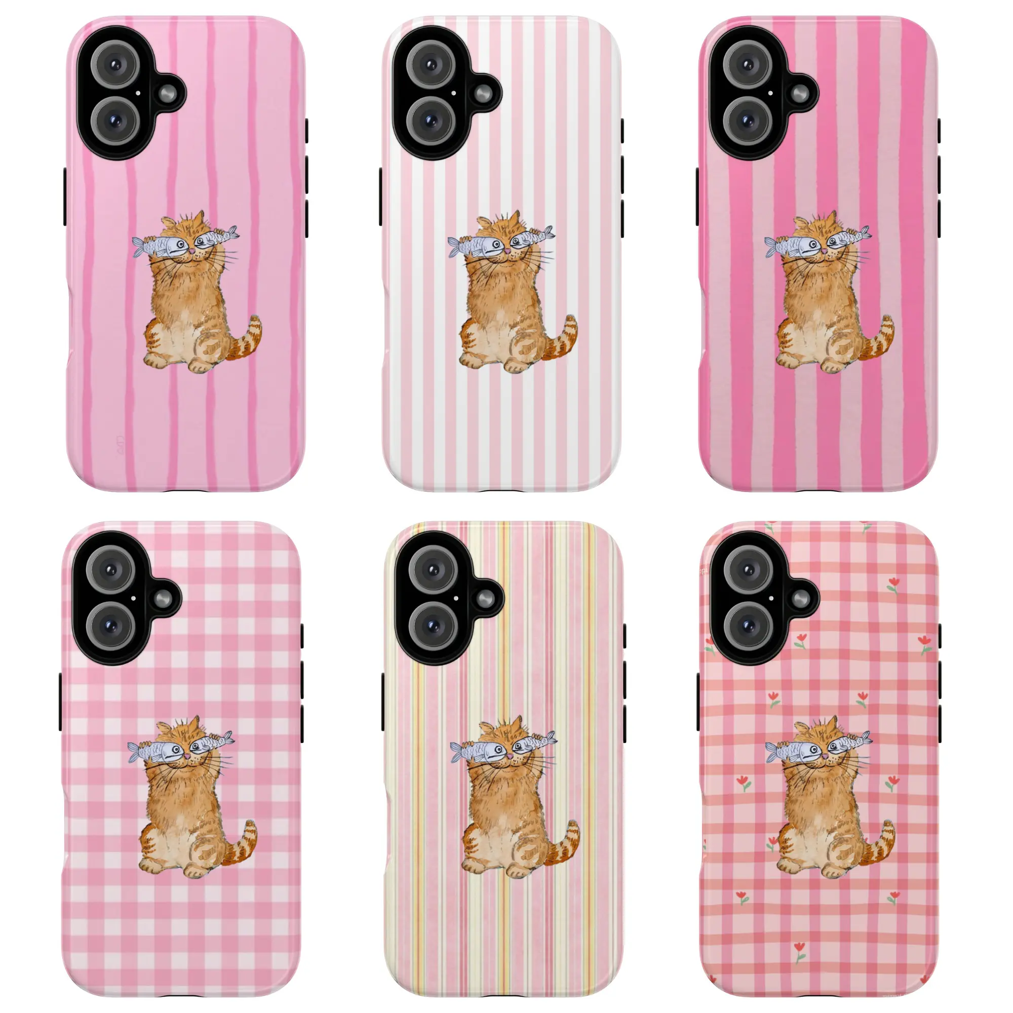 Cute Cat Tough Phone Case, Pink Striped and Checkered Design with Adorable Kitten and Fish Illustration, gift for cat lovers