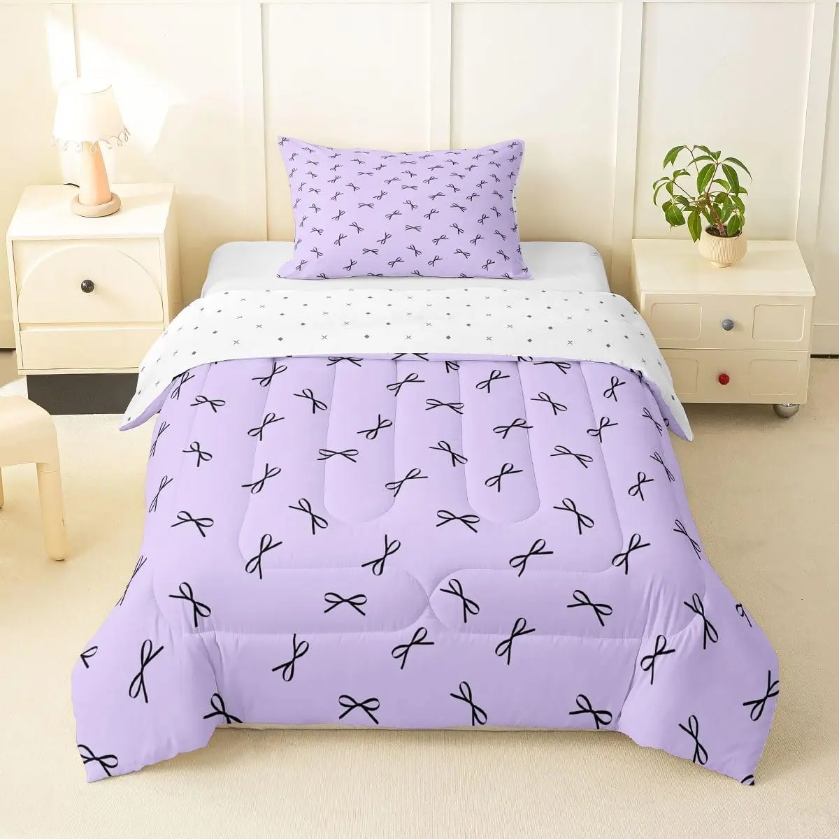 Cute Kawaii Bow Comforter Set Princess Bowknot Bedding Set Purple Duvet Quilt Bedroom Decor Microfiber 1