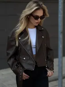 Women's Leather Jacket Dark Brown Solid Pu Leather Faux Leather Moto Jacket Zip Asymmetry Biker Jacket Gold Belted Waist Fitted Vintage Streetwear Womenswear Women's Cool Outerwear Coats Casual