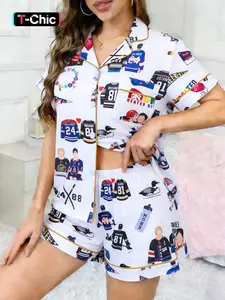 2-piece set, Matching sets of women's white background ice hockey player jersey number 24, Animal printed pattern, short sleeved shorts, soft comfortable Fitted top, small pocket elastic waistband, home daily casual women's sleepwear set