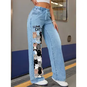 Women'S Sky Blue Straight-Leg Printed Jeans - Smooth Denim, Medium Stretch, Washed Design - All-Season Casual Wear |   Elastic Drawstring Waistband |   Machine Washable