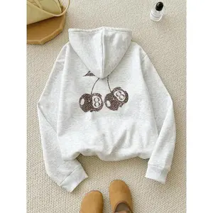 Women's Leopard Cherry Print Drop Shoulder Thermal Lined Hoodie, Fashion Casual Drawstring Pocket Hooded Sweatshirt for Daily Holiday Outdoor Wear, Women Clothing for Fall & Winter Graphic Pullover