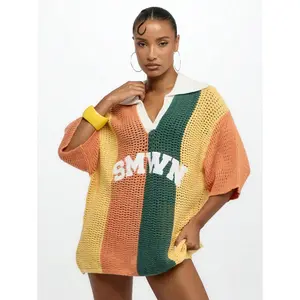 Ciel Fashion SUMWON WOMEN Oversized Crochet Knit Polo Top Summer Beach Cover Netted Mesh Poolside Resort Wear Sporty Streetwear Casual Weekend Slouchy Pull-Over,Tops For School