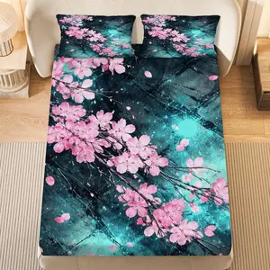 3Pcs Cherry Blossom Galaxy Stars Fitted Sheet Three Piece Set (1*Fitted Sheet+2*Pillowcases, Coreless), Spring theme, Floral Decorative Bedding Set, Mattress protector Soft, Breathable