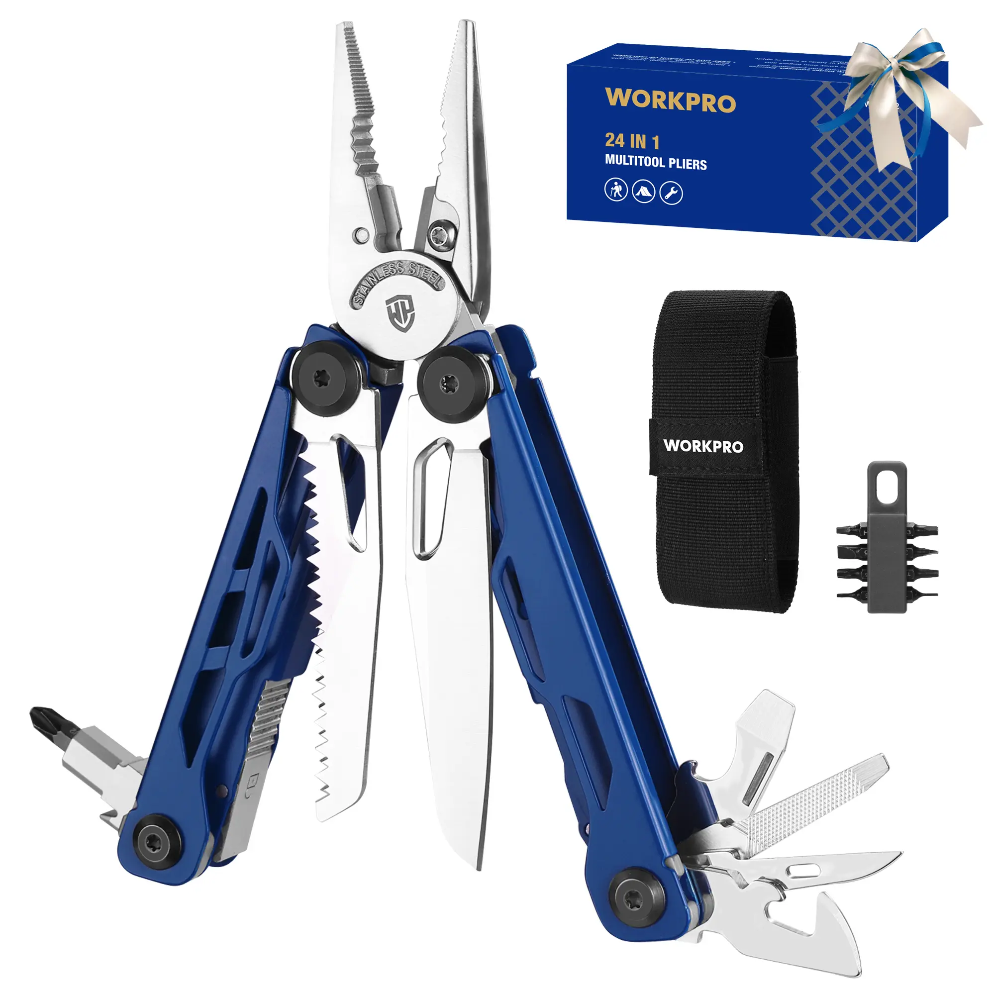 #fathersdaygift WORKPRO 24-in-1 Mutitool, Stainless Steel Multitool Pliers with Pocket Knife and Screwdrivers, EDC Self-locking Multi Tool with Sheath, Belt Clip for Outdoor Activities, Gifts for Men, Blue