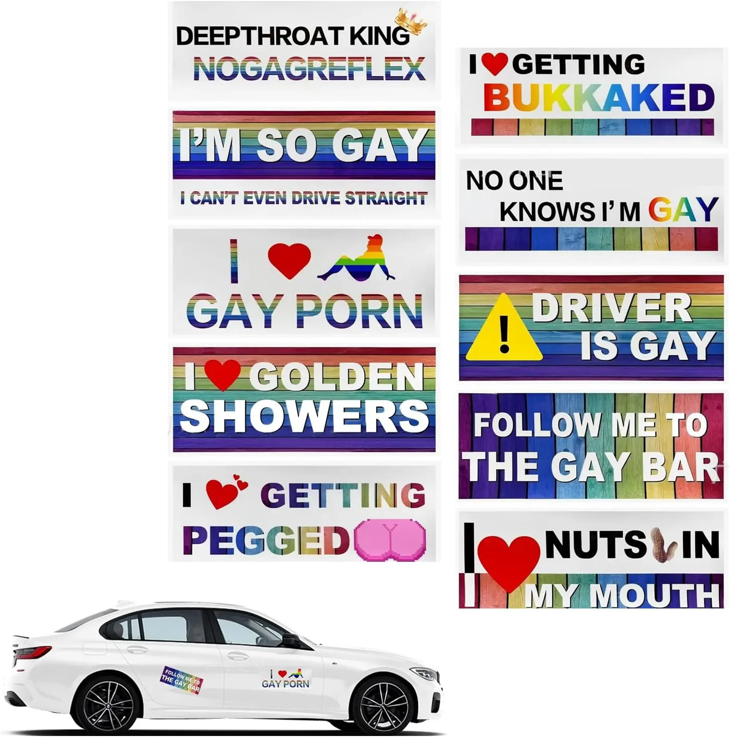 Funny Gay Pride Rainbow Magnet Bumper Sticker Set 10 Unique Designs 7.8X3.1 Inches Reusable Car Accessories for Vehicles & Fridge