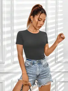 SHEIN Women's Essence Solid Round Neck Tee Womenswear