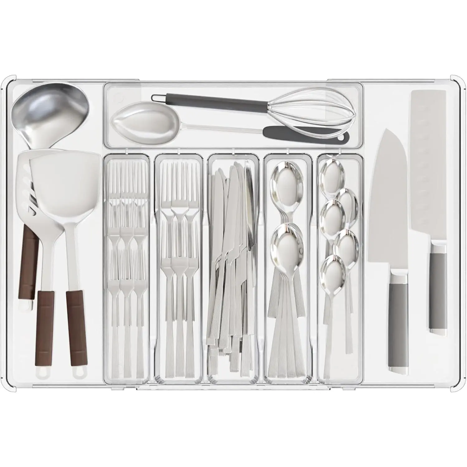 Clear Expandable Silverware Drawer Organizer - Adjust From 11'' to 22'' - ,Cutlery,Spoons and Forks Organizer,Large 8 Grid Flatware,Silverware Tray,Utensil Organizer for Kitchen Drawers