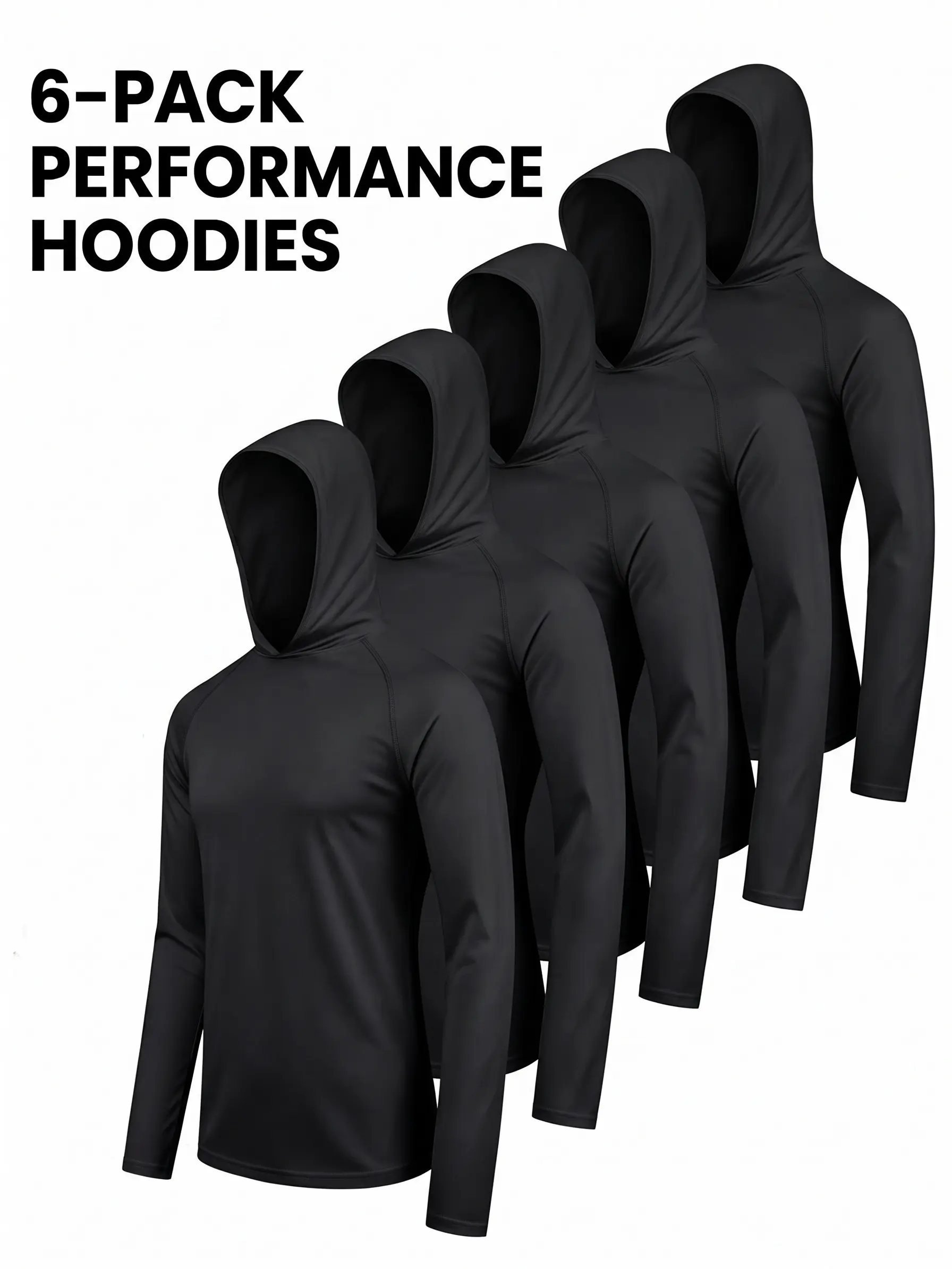 Men's 6-Pack Classic Simple Minimalist Black Plain Hoodie Sweatshirt Set, Long Sleeve Menswear Tops, Lightweight Polyester Mesh, Breathable Quick Dry, Soft Comfortable Basic Fit, Machine Washable for Work, Sports