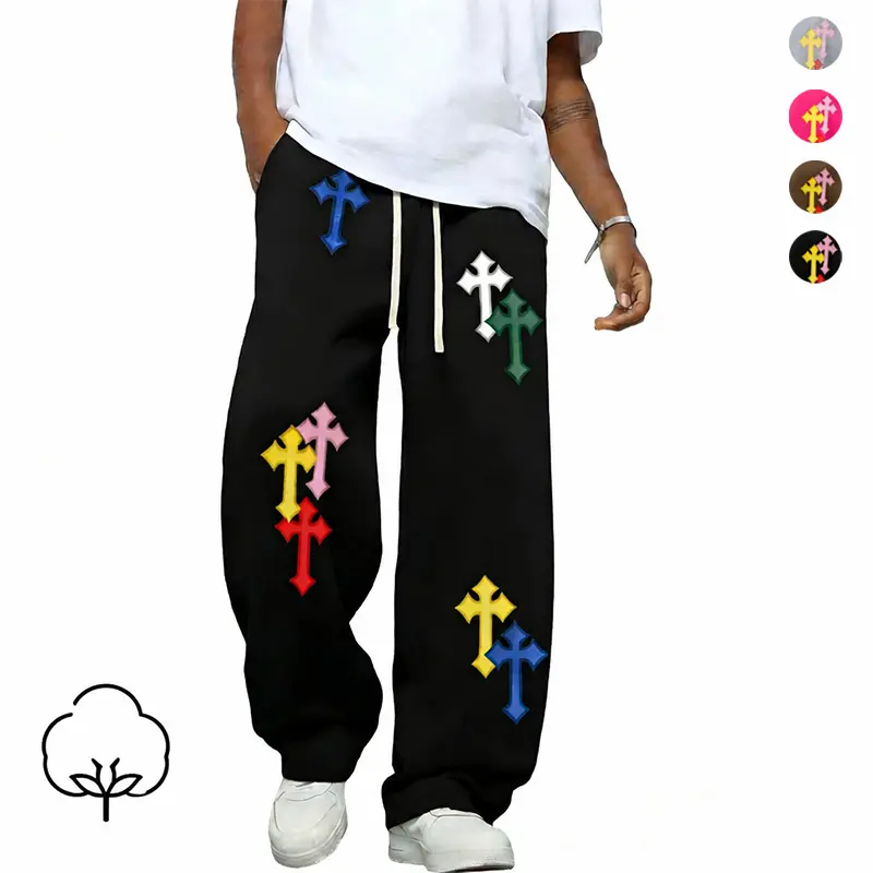 Men's Y2K loose solid color sweatpants, 60.1% Cotton ，heavyweight pure cotton work pants, wide-leg loose fit casual joggers with stylish prints, available in black and gray, 6 styles to choose from，sizeS-XL