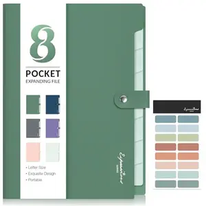 Elegant Accordion File Organizer, 8 Pocket Expanding File Folders with Labels, Portable Folder for Documents, Cute Paper Organizer for School Office Supplies, Letter Size, Dark Green